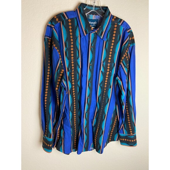Wrangler Western Rodeo Shirts Mens Button Down Shirt Blue Aztec Size L Collared - Picture 1 of 5